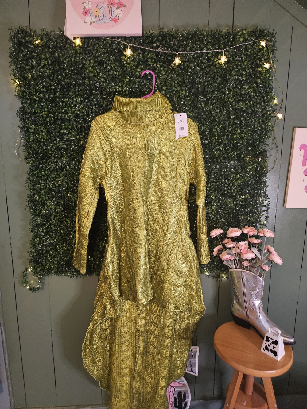 AKIRA Metallic Olive Green High-Low Cable Knit Dress